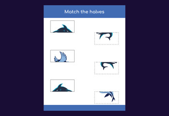 Matching game. Match halves of fish. Educational game for children, printable worksheet
