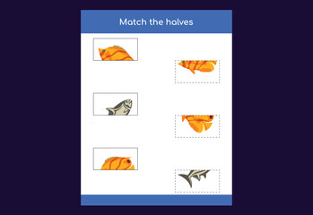 Matching game. Match halves of fish. Educational game for children, printable worksheet