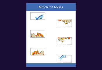 Matching game. Match halves of fish. Educational game for children, printable worksheet