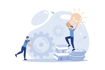 little people links of mechanism, business mechanism, abstract background with gears, people are engaged in business promotion, strategy analysis, communication. flat design modern illustration