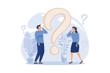 concept illustration of people frequently asked questions around question marks, answer to question metaphor. flat design modern illustration