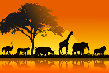 Fototapeta na wymiar The Best Animal Silhouettes In Savanna Vector Illustration. Silhouette Animals On Savannas