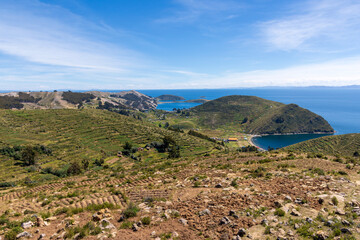 A view of Isla del Sol, a Bolivian island on Lake Titicaca.