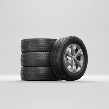 Car summer tires on a white background. 3D illustration.