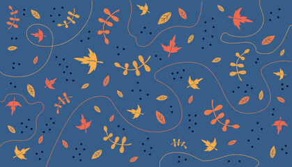 Autumn vector dark blue background with yellow and red leaves and lines for websites, prints, decorations etc.