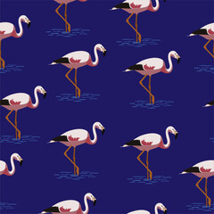 Flamingo on blue background. Light pink flamingo colors. Seamless pattern.