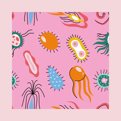 Naklejka premium Colorful medical seamless pattern with cute doodle bacterias, microbs and dnk