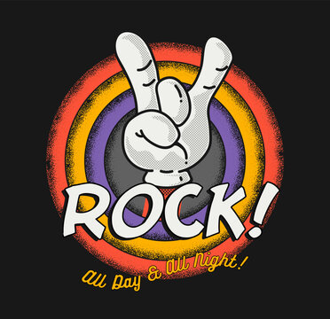 Cartoon rock hand gesture on vintage rounded background for t-shirt print on poster or flyer design for rock music lovers. Vector illustration