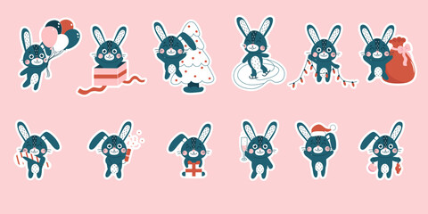 Digital stickers with Bunnies. Christmas cute rabbits set. Winter black hare symbol of 2023 year. New year mascot. Vector flat animal character. Happy Chinese New Year
