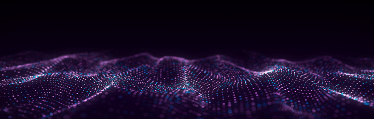 Futuristic technology wave. Digital cyberspace. Abstract wave with moving particles on background. Big data analytics. 3d rendering.