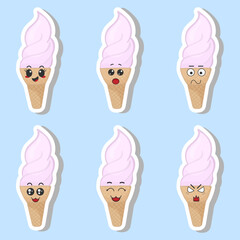 Vector set of funny ice cream stickers with kawaii emotions. Kawaii faces. Vector illustration of cartoon ice cream