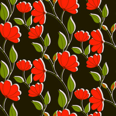 Vector, pattern of red flowers. Pattern of red flowers on a dark background. For printing on fabric.