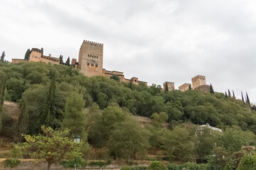 Fototapeta na wymiar View at the Alhambra citadel on top, from Paseo de los Tristes, walk of the sad (The Promenade of the Sad), classic buildings and woods around, Granada, Spain