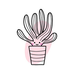 Cute cactus with face. Doodle icon. Postcard decor element. Flower in pot.