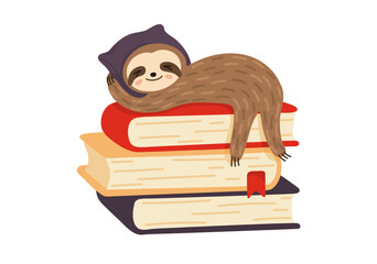 Reading for sleep. Cute sloth naps tight on books. Student tired to read. © N.Savranska