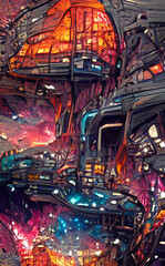 space base on the asteroid, futuristic scenery, digital painting, concept sketch