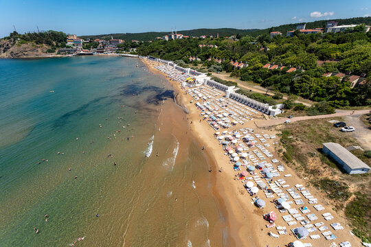 Aerial view of beaches in Kilyos at the Black Sea coast, Istanbul, Turkey.
