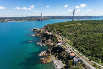 Aerial view of Yavuz Sultan Selim Bridge over the Bosphorus and Garipce village, Istanbul, Turkey.