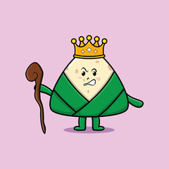 Cute cartoon chinese rice dumpling mascot as wise king with golden crown and wooden stick