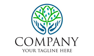 Green and Blue Color Line Art Leaf Hand Care Logo Design