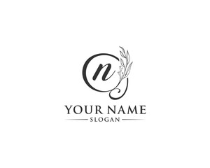 Beautiful letter N logo design, logo N vector, handwritten logo of signature, wedding, fashion shop, cosmetics shop, beauty shop, boutique, floral creative logo design.