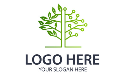 Green Color Abstract Tree Tech Dot Logo Design
