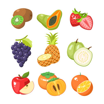 9 fruits collection guava, papaya, strawberry, grape, pineapple, persimmon, apple, orange, and kiwi on white background. Vector illustration flat cartoon design.