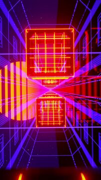 Abstract geometric background, fluorescent ultraviolet light, glowing neon lines, rotating tunnel