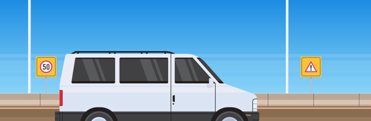 Minivan courier on highway asphalt road and minivan truck design flat vector illustration.