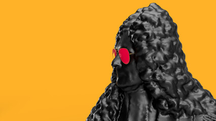 3d render black black breasted bust with curly hair pop art background