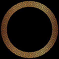 Golden round greek frame. Golden circle frames with traditional patterns isolated on black background. Greece circular ornament. Border template.