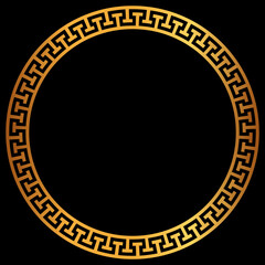 Golden round greek frame. Golden circle frames with traditional patterns isolated on black background. Greece circular ornament. Border template.