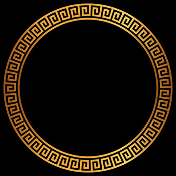 Golden round greek frame. Golden circle frames with traditional patterns isolated on black background. Greece circular ornament. Border template.