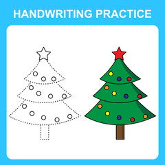 Naklejka premium Handwriting practice. Trace the lines and color the Christmas tree. Educational kids game, coloring book sheet, printable worksheet. Vector illustration