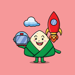Cute mascot cartoon character Chinese rice dumpling as astronaut with rocket, helm, and cloud in dragon boat zongzi festival