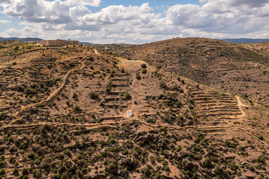 Aerial view of a walking path along Coa River in Vale de Afonsinho, Portugal.
