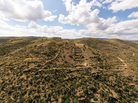 Aerial view of a walking path along Coa River in Vale de Afonsinho, Portugal.