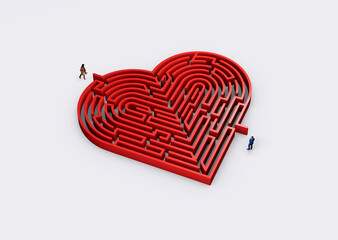A man and a woman stand at opposite entrences to a heart shaped maze. Very high resolution image for print and screen.