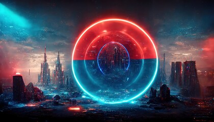 Futuristic neon blue portal to another world on a futuristic city background. A circular portal to another world. 3d artwork - obrazy, fototapety, plakaty