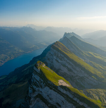 Aerial view of a beautiful mountain landscape with the Walensee lake in background, Unterwasser, Switzerland.