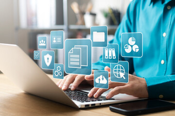 Document management concept. Virtual screen icons Document Management System (DMS) Online document database, software for efficient archiving, searching and management of company files and data.