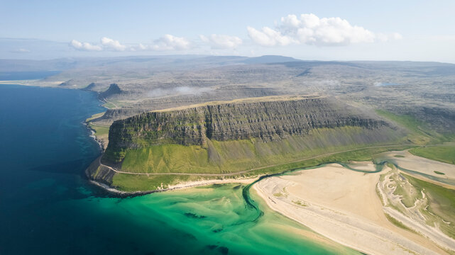 Aerial view of Tungurif Golden beach, Westfjord, Iceland.