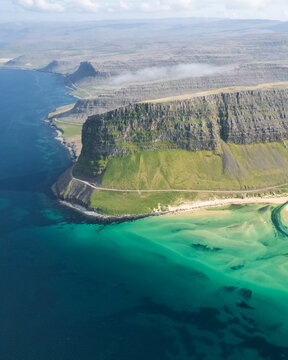 Aerial view of Tungurif Golden beach, Westfjord, Iceland.