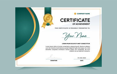Green and gold certificate of achievement template set with gold badge and border.  For award, business, and education needs. Vector Illustration