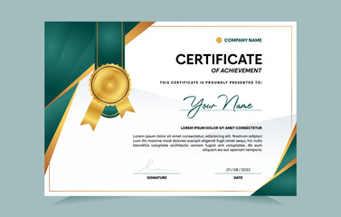 Green and gold certificate of achievement template set with gold badge and border.  For award, business, and education needs. Vector Illustration