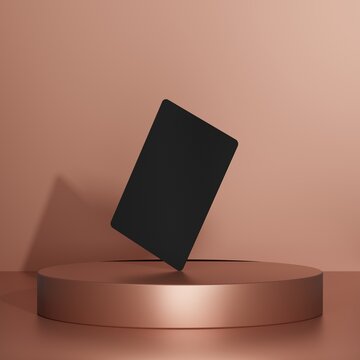 Mockup Of Two Color-nude Business Cards On A Rose Gold Background. Template For Corporate Identity. Empty Objects To Place Your Design. Top View. 3D Illustration Black Color Card.