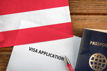 Fototapeta na wymiar Visa application form, passport and flag of Austria