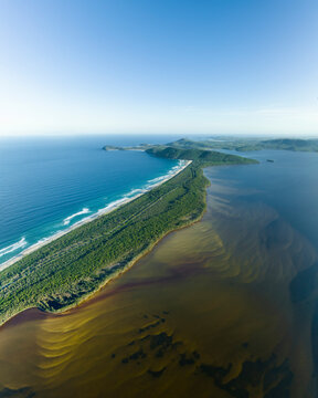 Aerial view of the beautiful coastline at Booti Booti National Park, Wallis Lake, New South Wales, Australia.