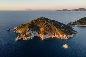 Aerial view of Capo d'Enfola at sunset, a scenic bay in Portoferraio, Elba Island, Tuscany, Italy.