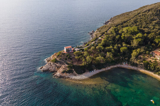 Aerial view of a small bay in Procchio along the coast on Elba Island, Italy.